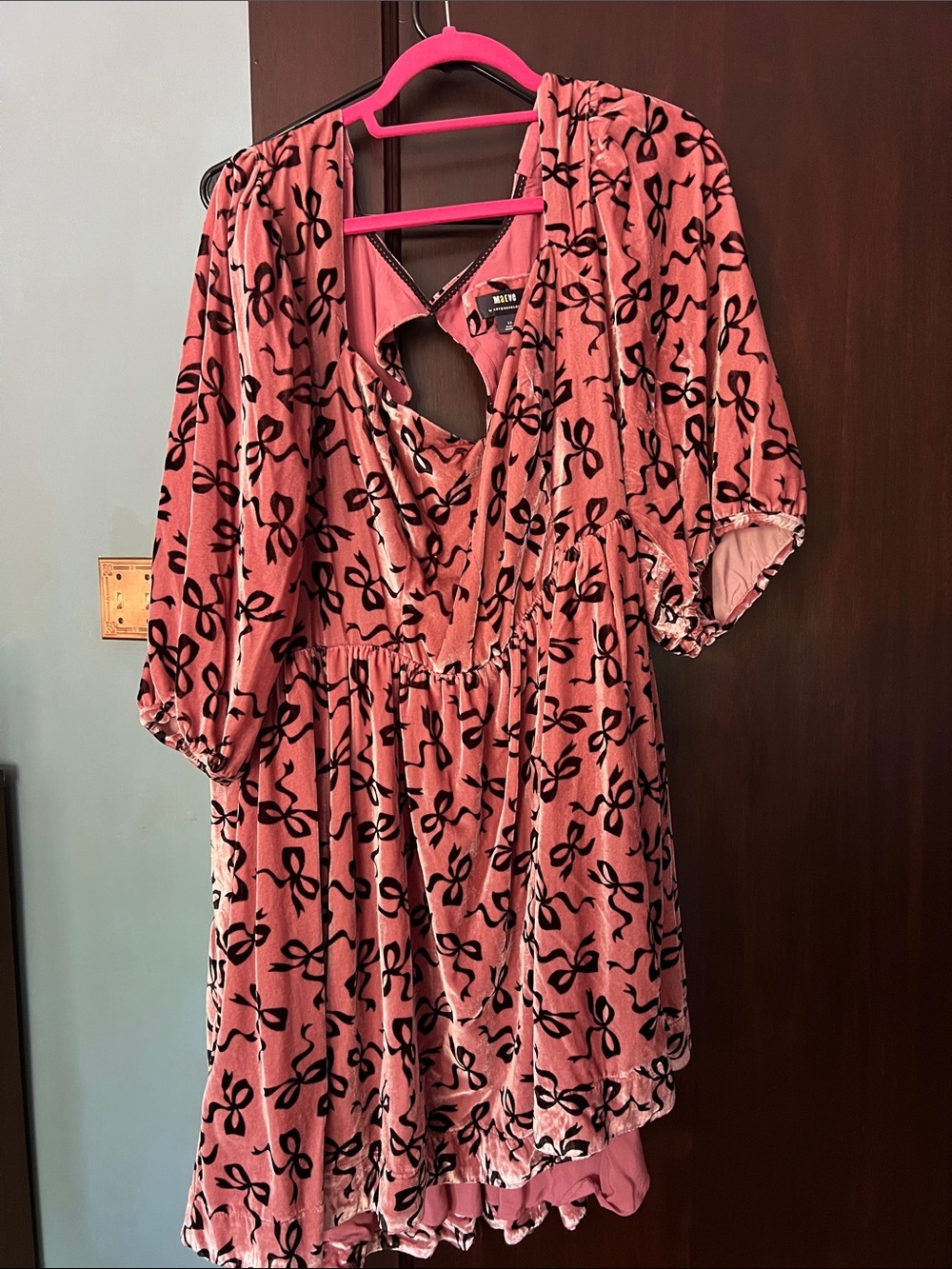 Maeve Pink Velvet Mini Dress with Black Bow Print